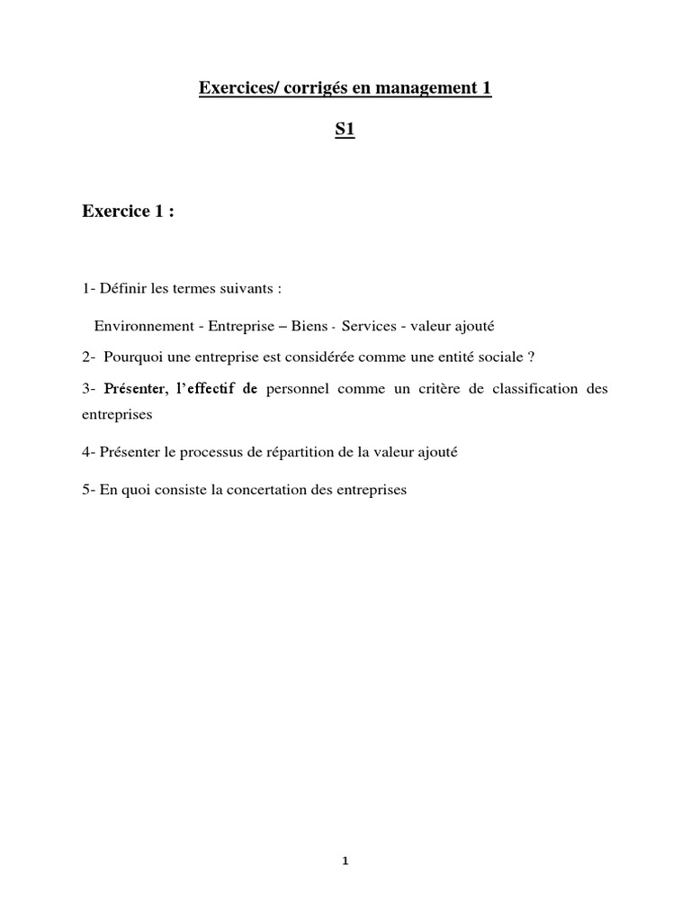 Exercices de Management et Corrigés S1 | PDF | Business | Comptabilité