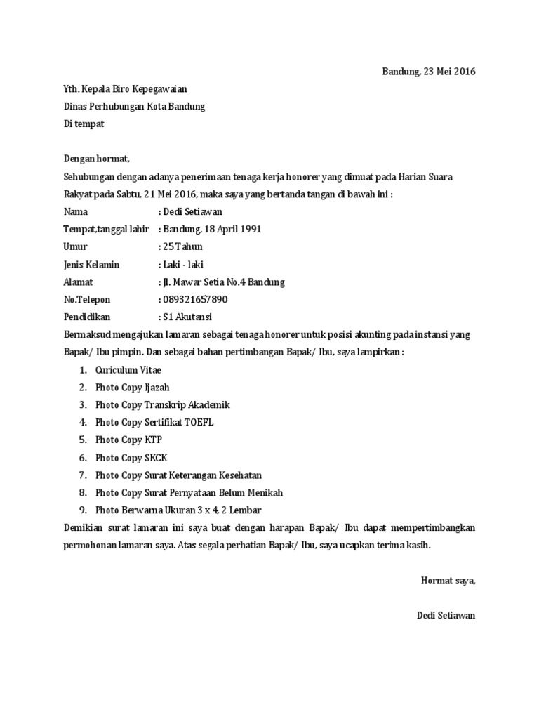 Contoh Surat Lamaran Kerja Honorer DInas Perhubungan ...