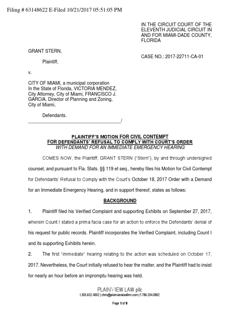 Motion for Civil Contempt in Florida Case | PDF | Complaint | Contempt ...