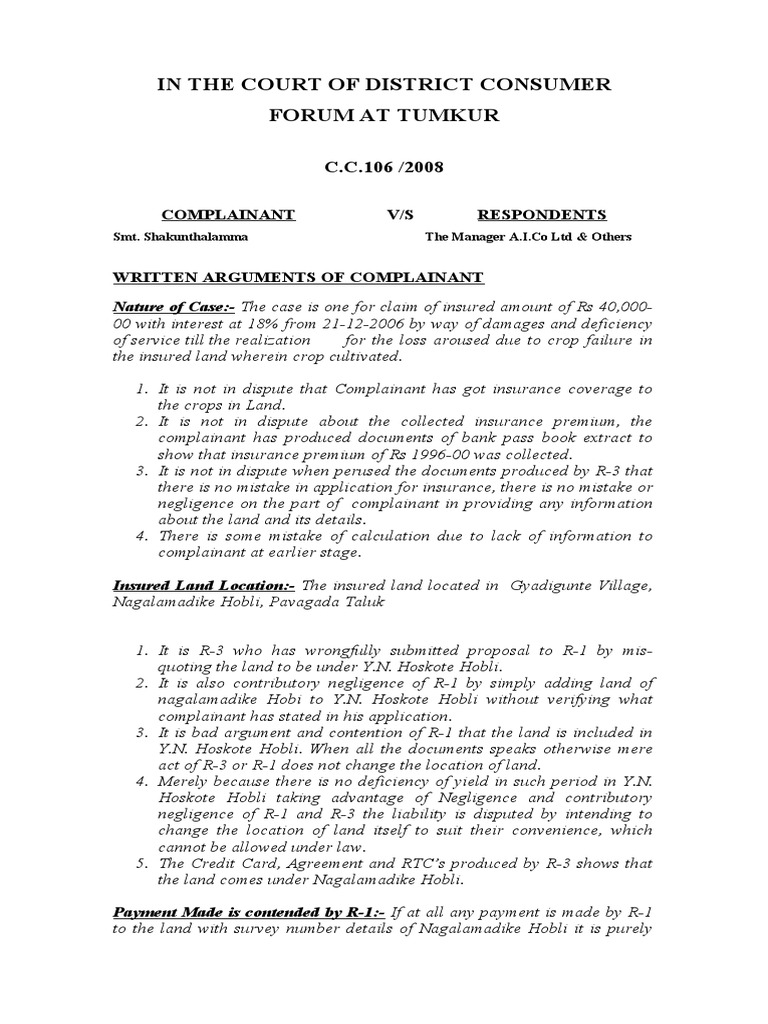 CONSUMER COURT Written Arguments On Crop Insurance PDF Storms