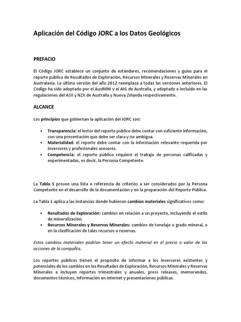 Aplicación Del Código JORC A Los Datos Geológicos | PDF | Minería ...