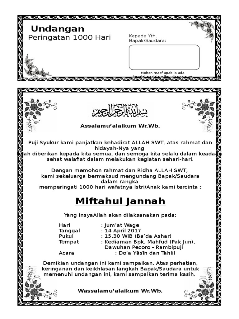 Contoh Undangan Peringatan 40 100 354 1000 Hari | PDF