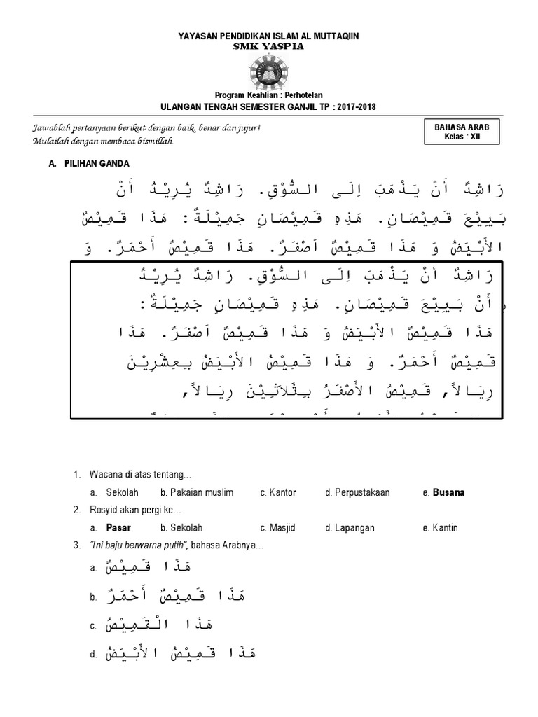 Contoh Soal Bahasa Arab Pilihan Ganda Beserta Jawabannya - Dunia Sosial