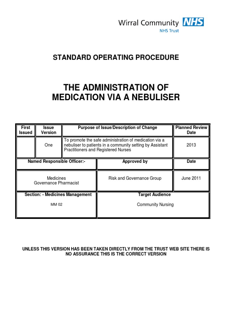 The Administration of Medication Via A Nebuliser: Standard Operating ...
