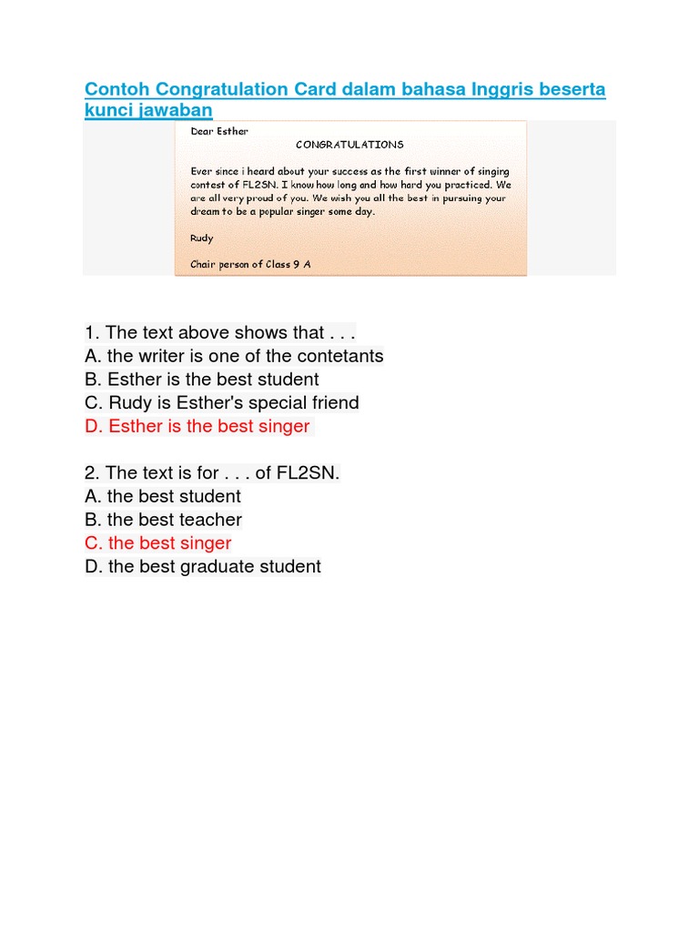 Contoh Congratulation Card Dalam Bahasa Inggris Beserta Kunci Jawaban
