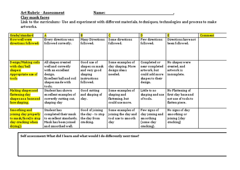 Art Rubric PDF Rubric (Academic) Clay