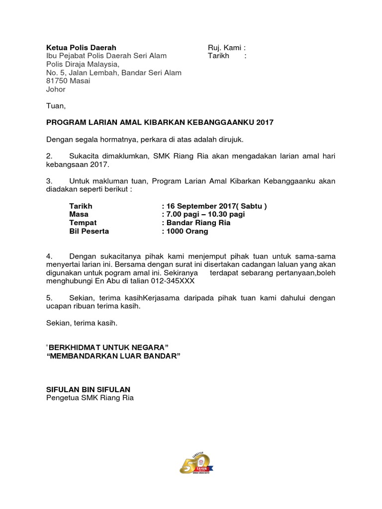 Contoh Surat Makluman Larian Merdeka Kepada Polis