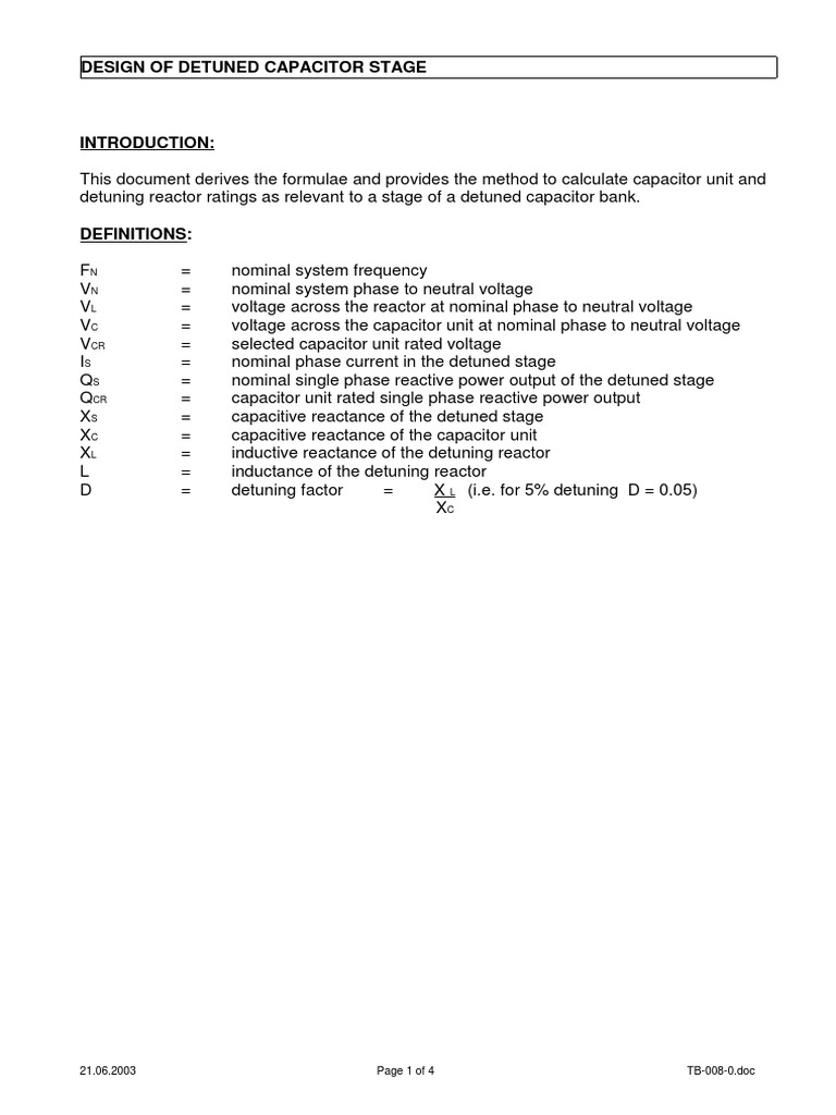 Detuned Series Reactor Design For Capacitor Bank PDF Capacitor
