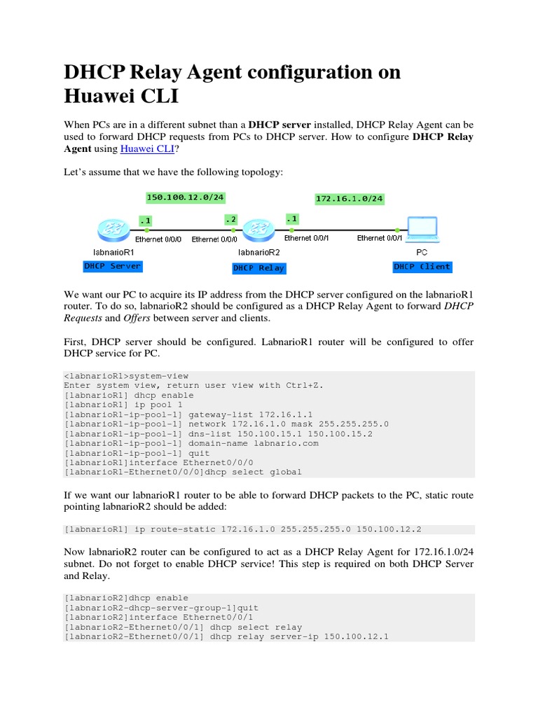 DHCP Relay Agent Configuration On Huawei Cli Ip Address Router