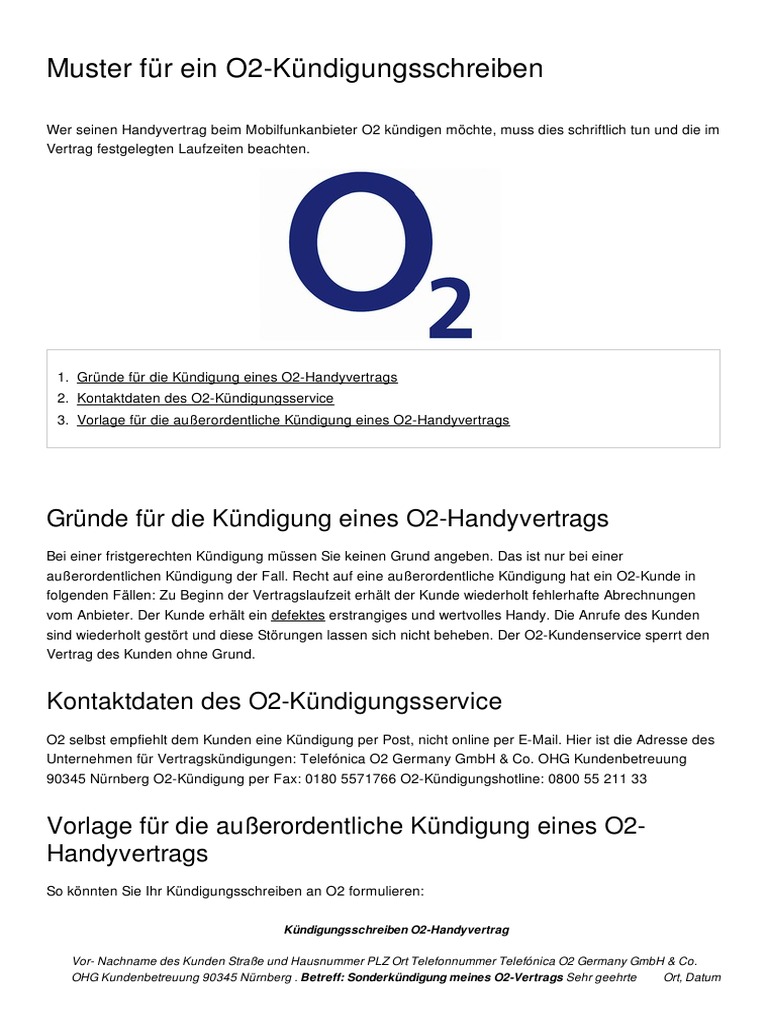 Muster Fuer Ein O2 Kuendigungsschreiben 3273 Ooy70f Pdf