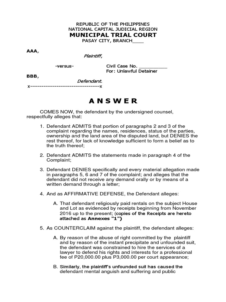 Unlawful Detainer Answer Sample | PDF | Lawsuit | Complaint
