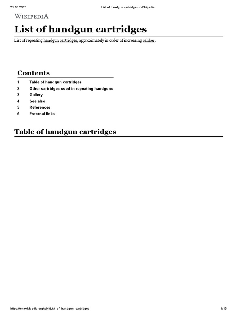 List of Handgun Cartridges Wikipedia PDF Cartridge (Firearms) Pistol And Rifle Cartridges