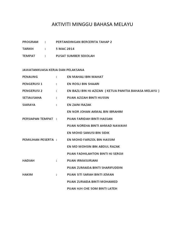 Aktiviti Minggu Bahasa Melayu Pdf
