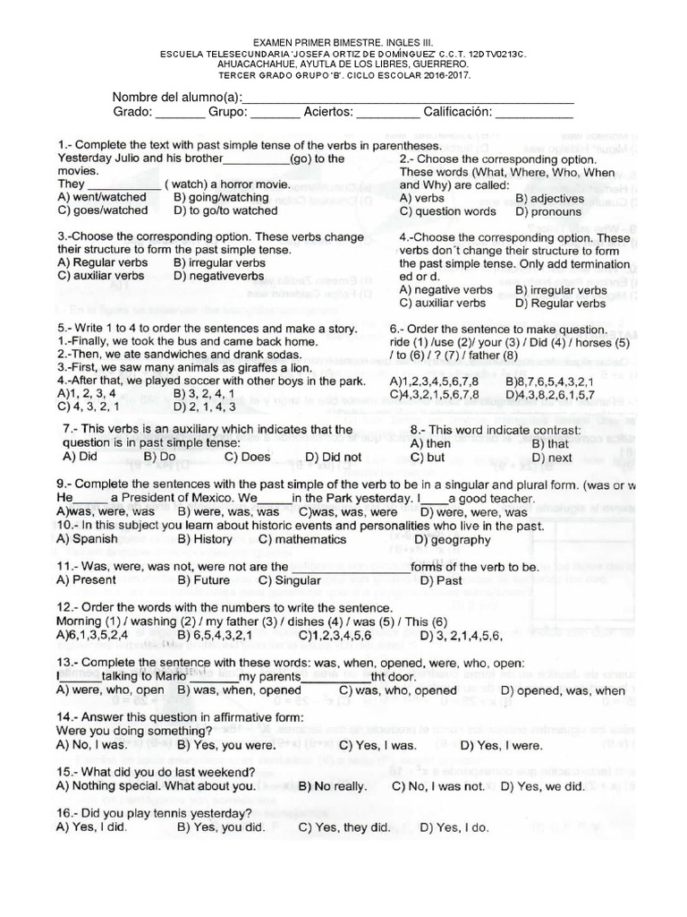 Examen Primer Bimestre Ingles Tercer Año Telesecundaria PDF