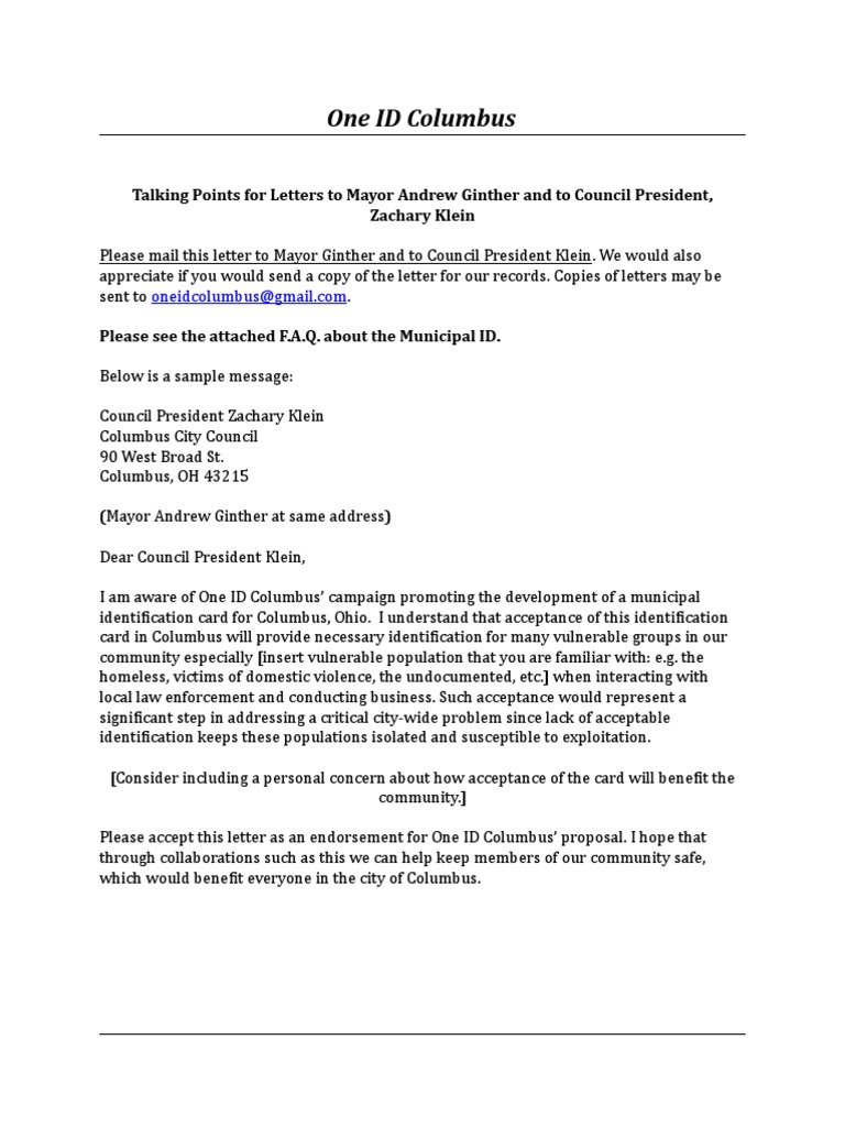 Letter of Support Community ID To Columbus Mayor and City Council