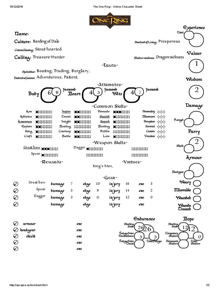The One Ring - Online Character Sheet PDF | PDF | Leisure