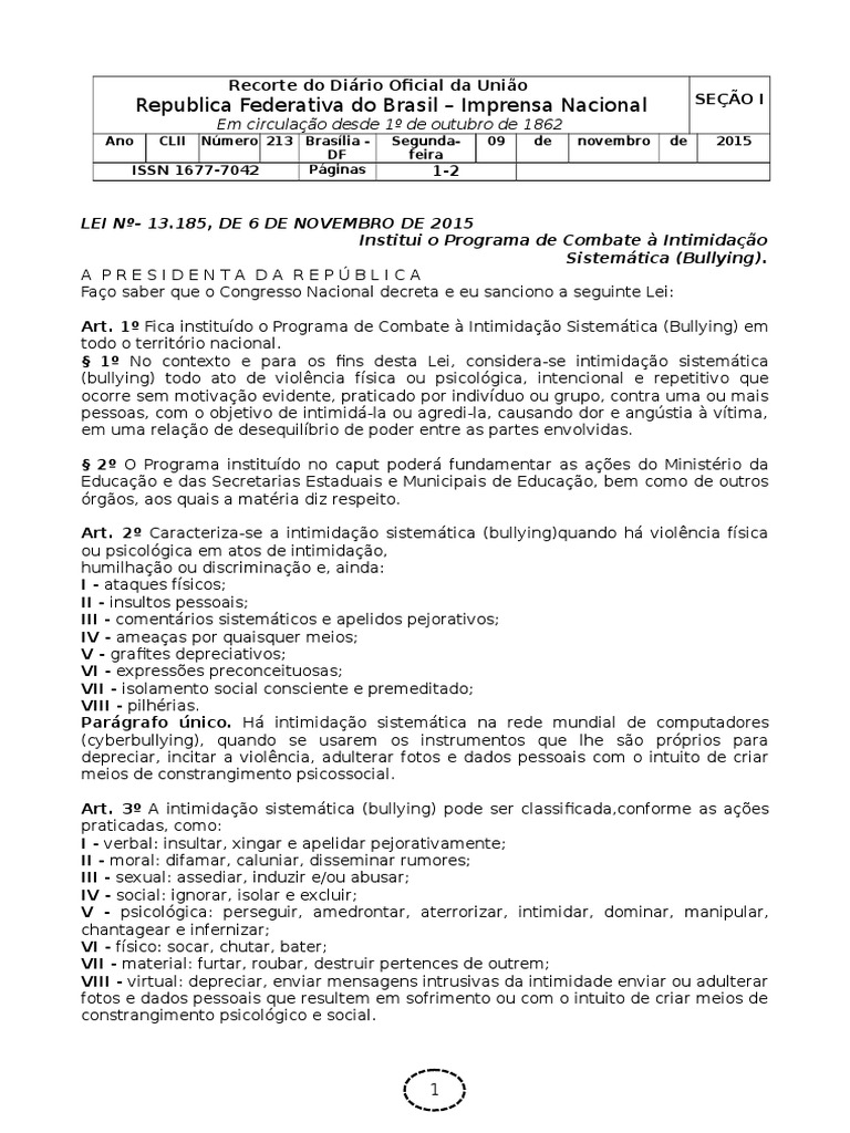 Lei 13.185/2015: Combate ao Bullying | PDF | Assédio moral/bullying ...