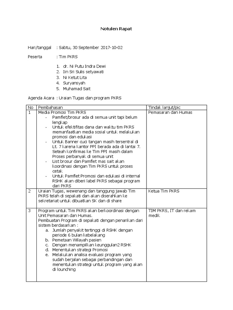 Notulen Rapat Tim PKRS 30 Sept 2017 | PDF