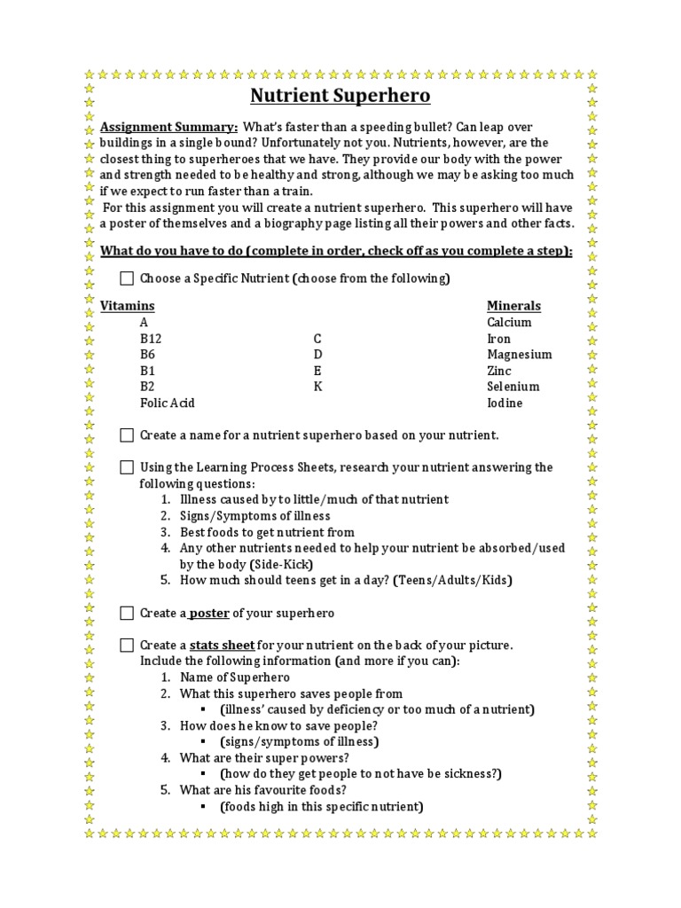 nutrient superhero assignment | Nutrients | Nutrition
