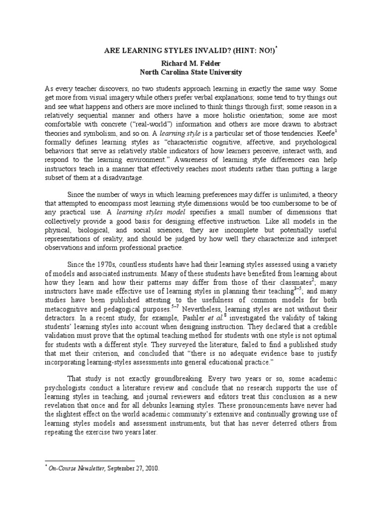 Are Learning Styles Invalid Felder 2010 | PDF | Learning Styles ...