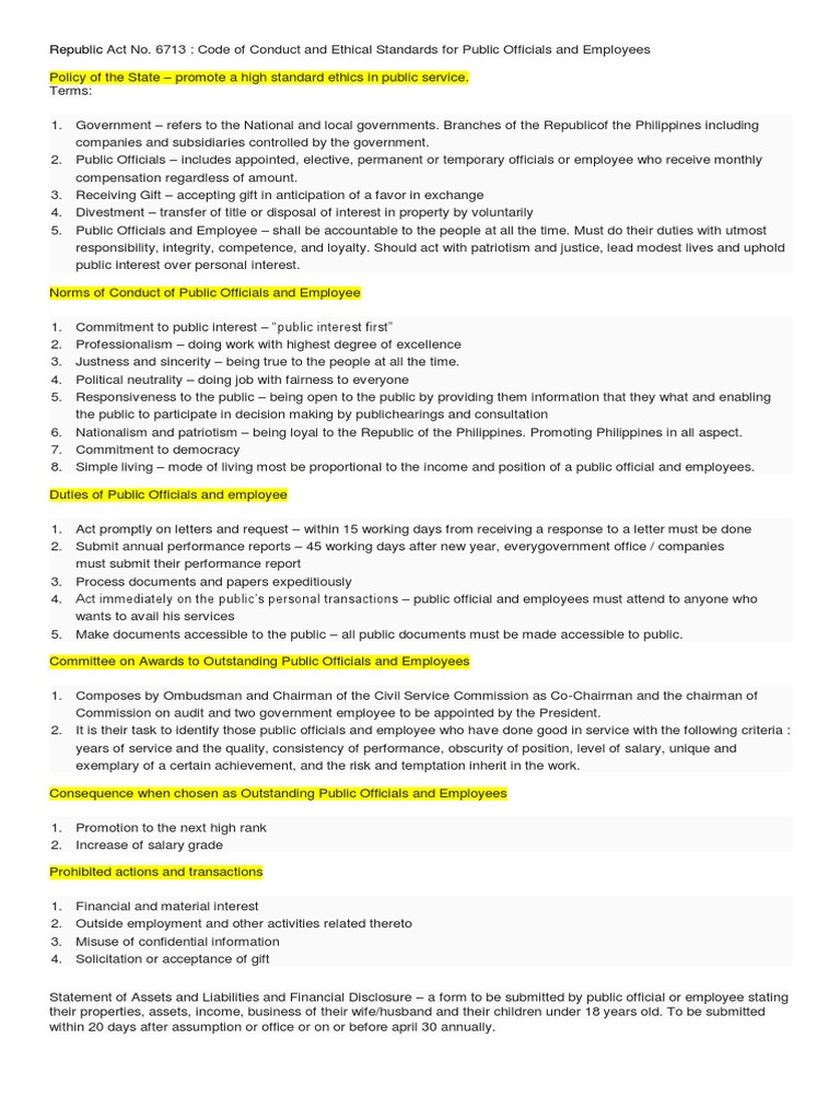 Notes On Ra 6713 PDF Employment Government