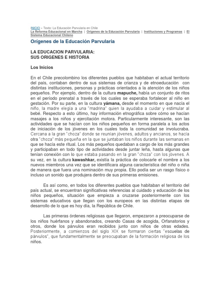 Historia de la Educación Parvularia en Chile | PDF | Jardín de infancia ...