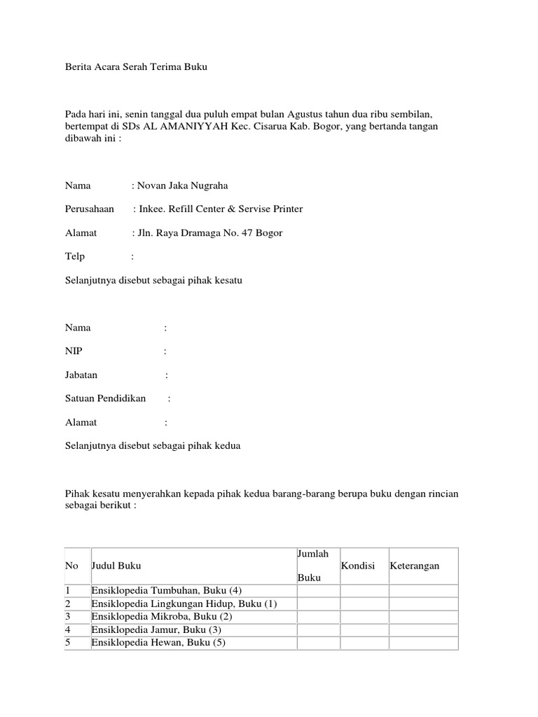 Berita Acara Serah Terima Buku Perpustakaan