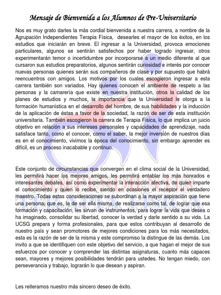 Bienvenida a Estudiantes de Terapia Física | PDF | Aprendizaje ...