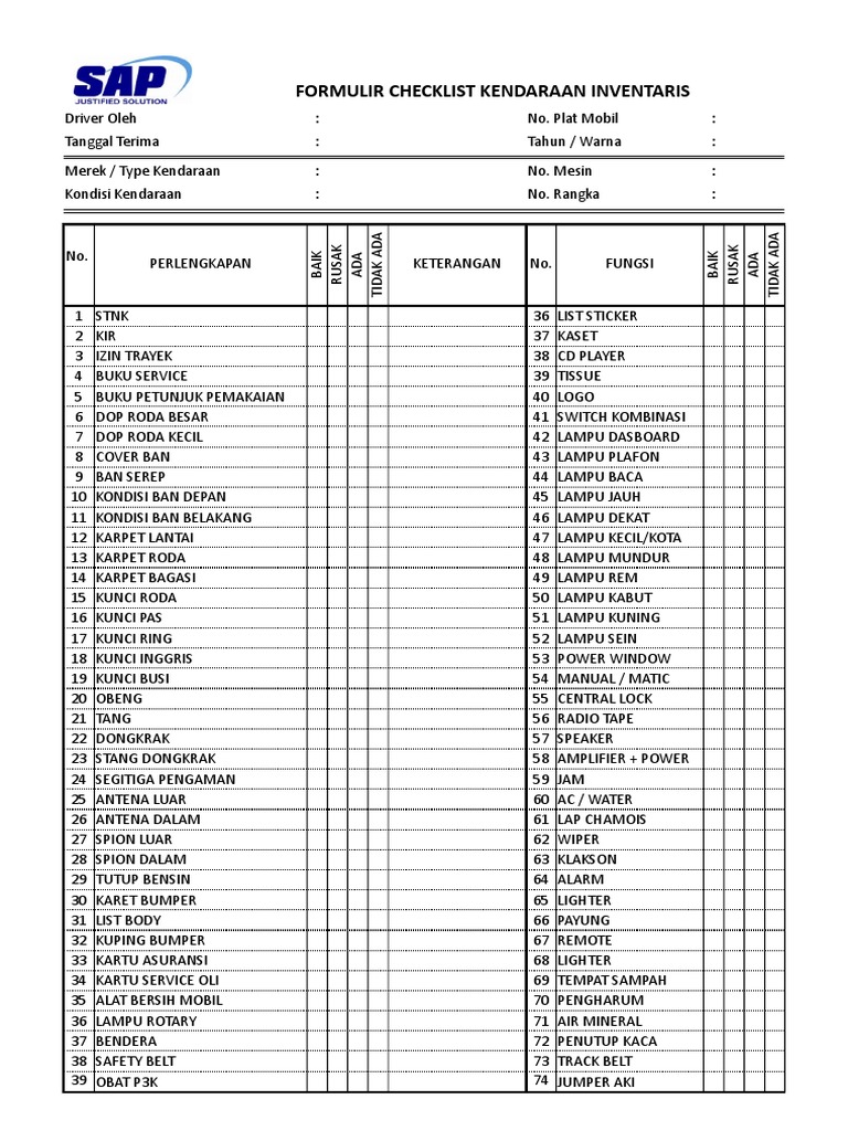 Form checklist kendaraan xlsx