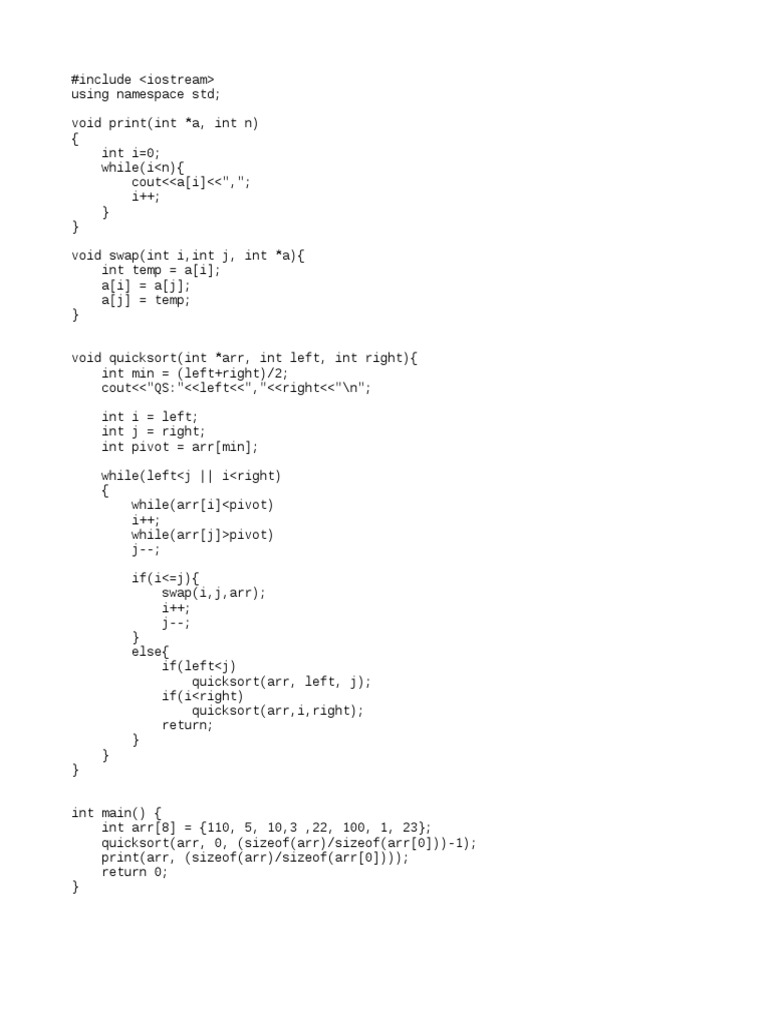 Quicksort algorithm implementation in C++ to sort an integer array ...