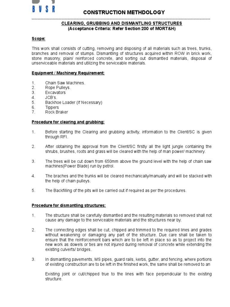 2.0. Methodology For Clearing Grubbing Dismantling | PDF | Engineering ...