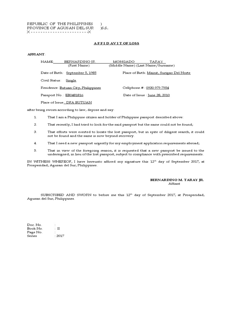 Affidavit of loss passport pdf passport affidavit