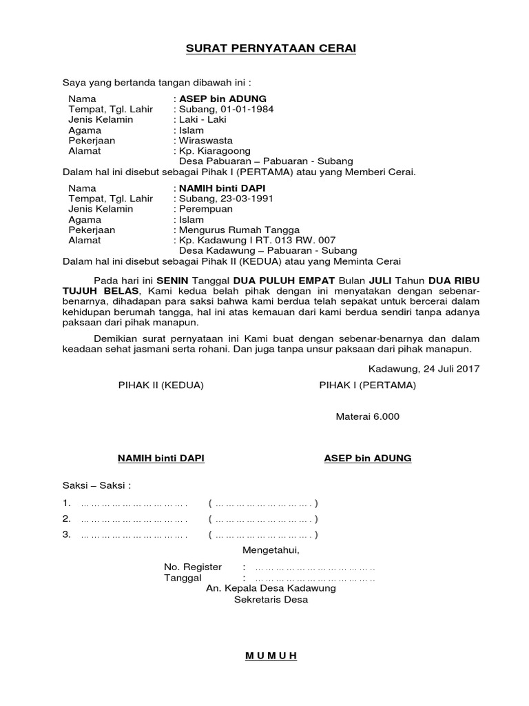 Contoh Surat Keterangan Cerai Dari Lurah Id Lif Co Id