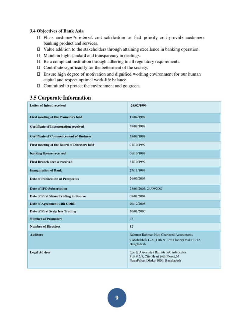 3.5 Corporate Information: 3.4 Objectives of Bank Asia | PDF