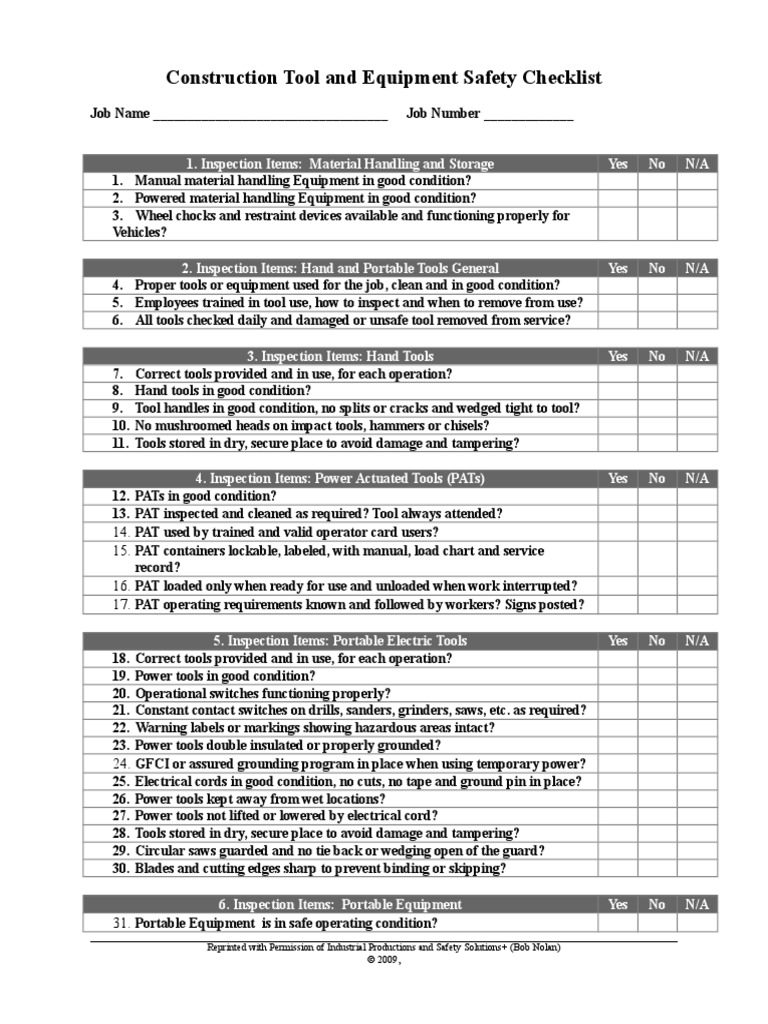 Construction Safety Equipment Checklist