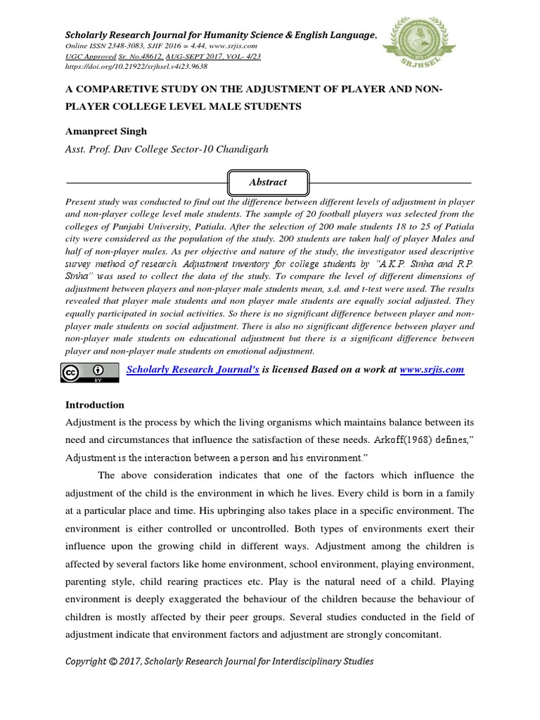 A Comparetive Study On The Adjustment of Player and Nonplayer College ...