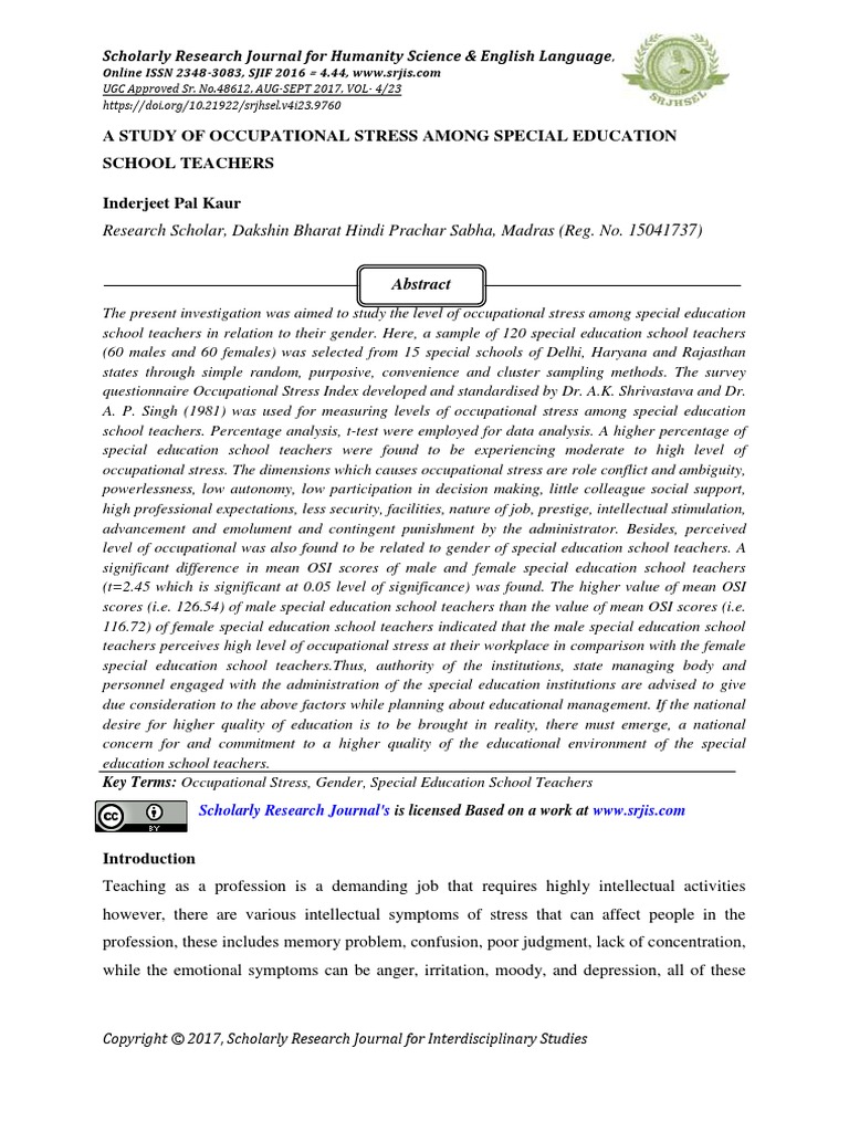 A Study of Occupational Stress Among Special Education School Teachers ...