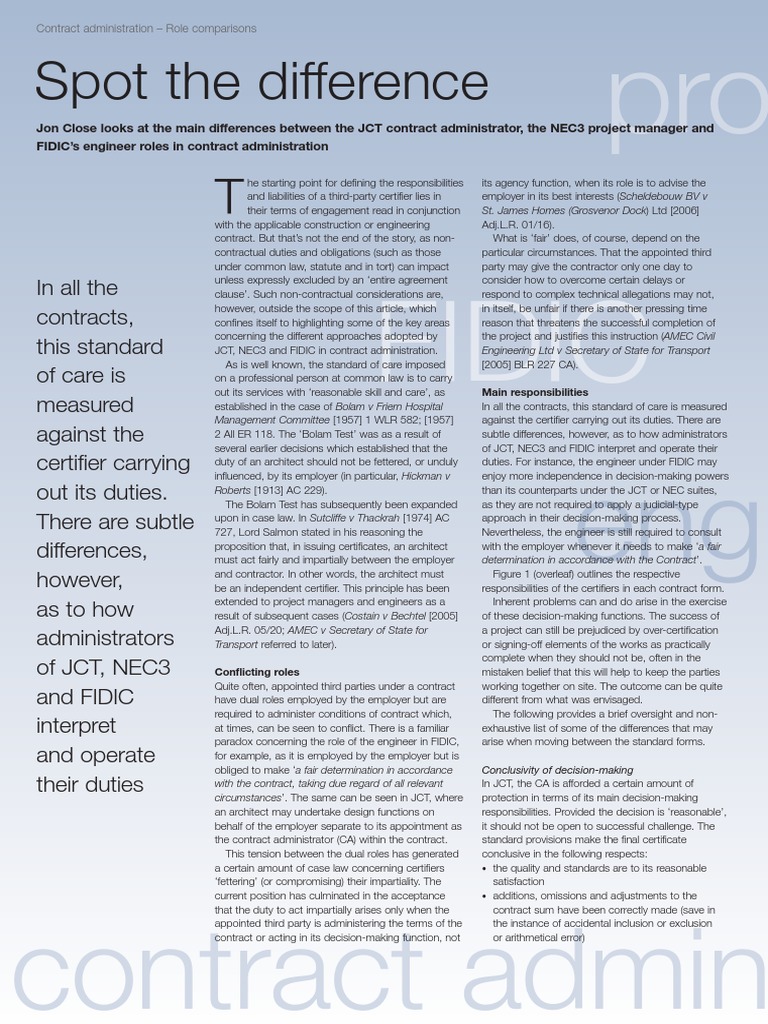 JCT, NEC3, and FIDIC Roles Compared | PDF | Employment | Private Law