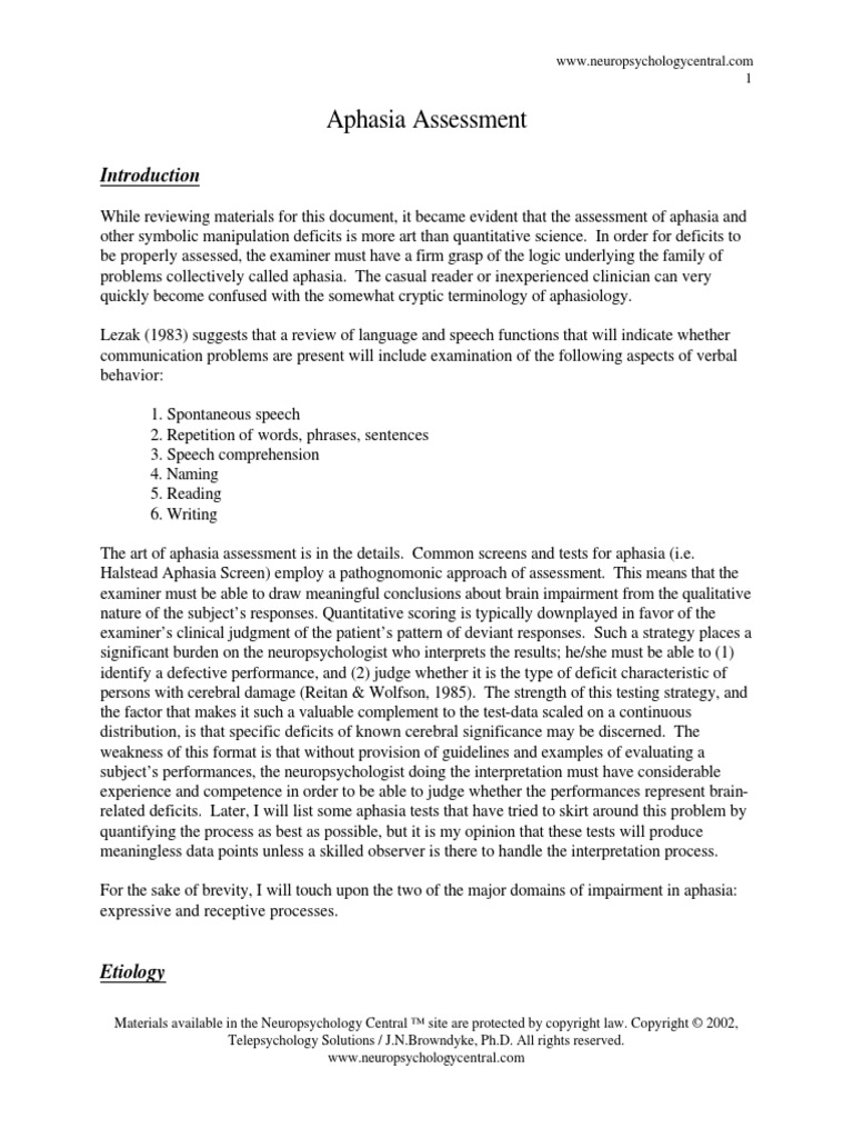 Aphasia Assessment PDF | PDF | Aphasia | Neurological Disorders