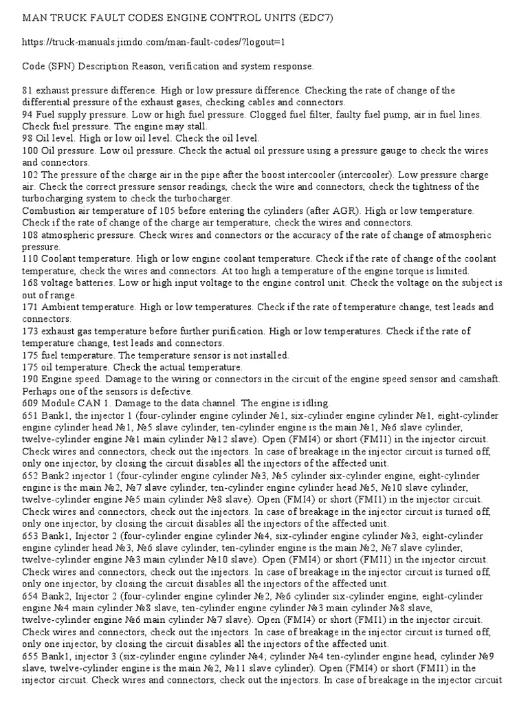 MAN Truck EDC Fault Codes Overview | PDF | Turbocharger | Internal ...