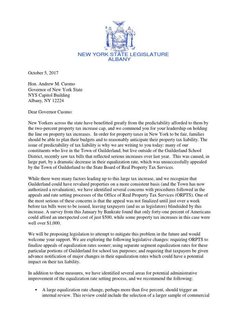 Guilderland Equalization Rate Letter to Gov. Property Tax Taxes
