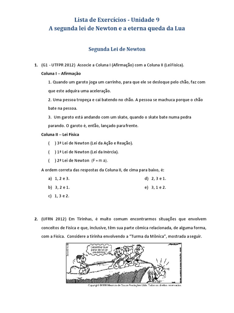 Lista de Exercício Segunda Lei de Newton | PDF | Leis do Movimento de ...
