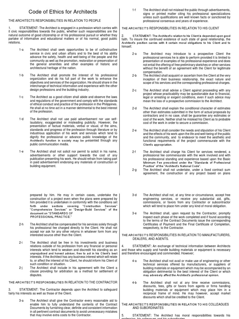 Architects' Code of Ethics Overview | PDF | Architect | General Contractor