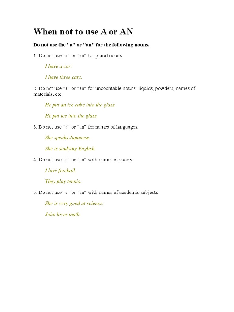 When Not To Use A or An | PDF | Sports & Recreation