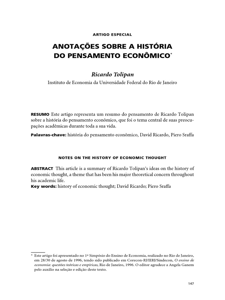 TOLIPAN Anotacoes Sobre A Historia Do Pensamento Economico PDF PDF Economia Karl Marx