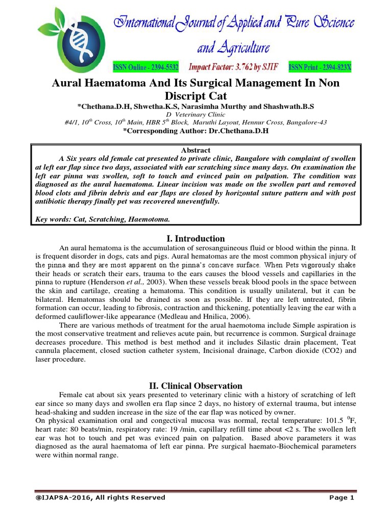 Aural Haematoma and Its Surgical Management in Non Discript Cat | PDF ...