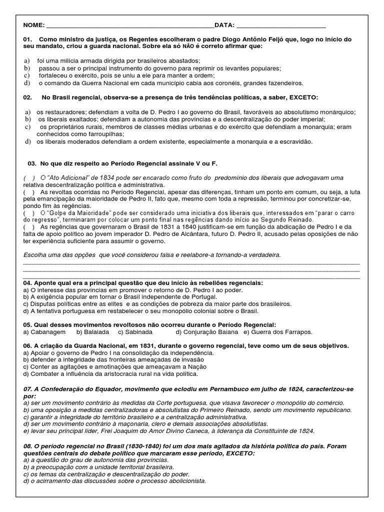 EXERCÍCIO PERÍODO REGENCIAL | Brasil | Monarquia