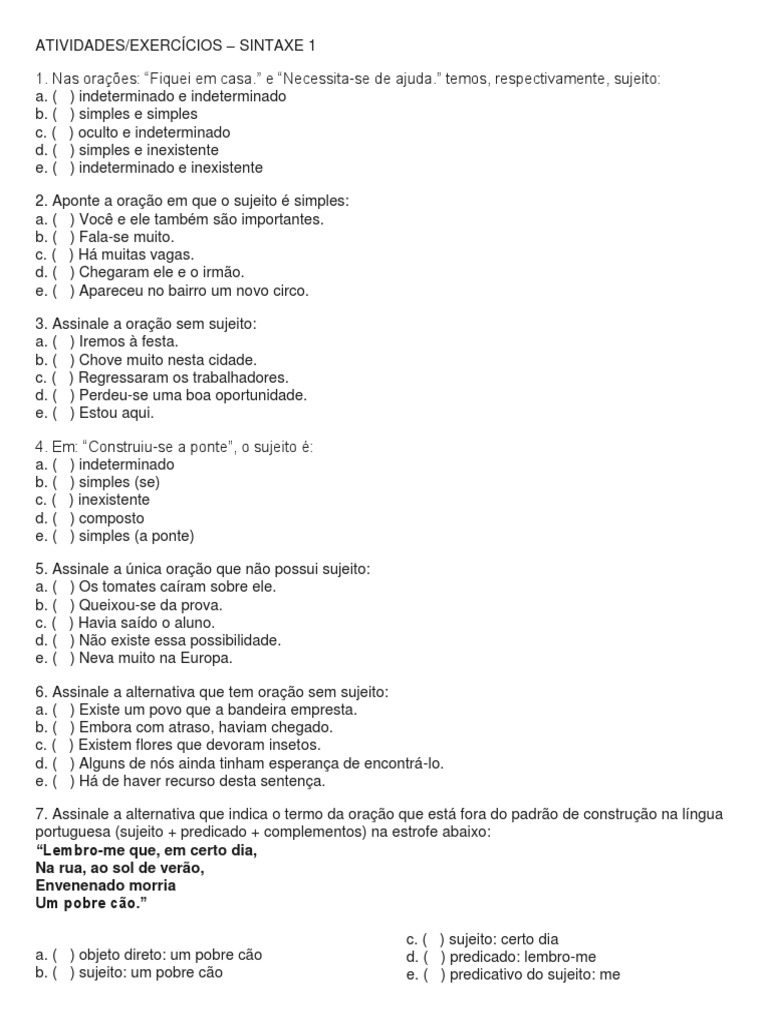 Exercícios sobre verbo com gabarito - Sintaxe