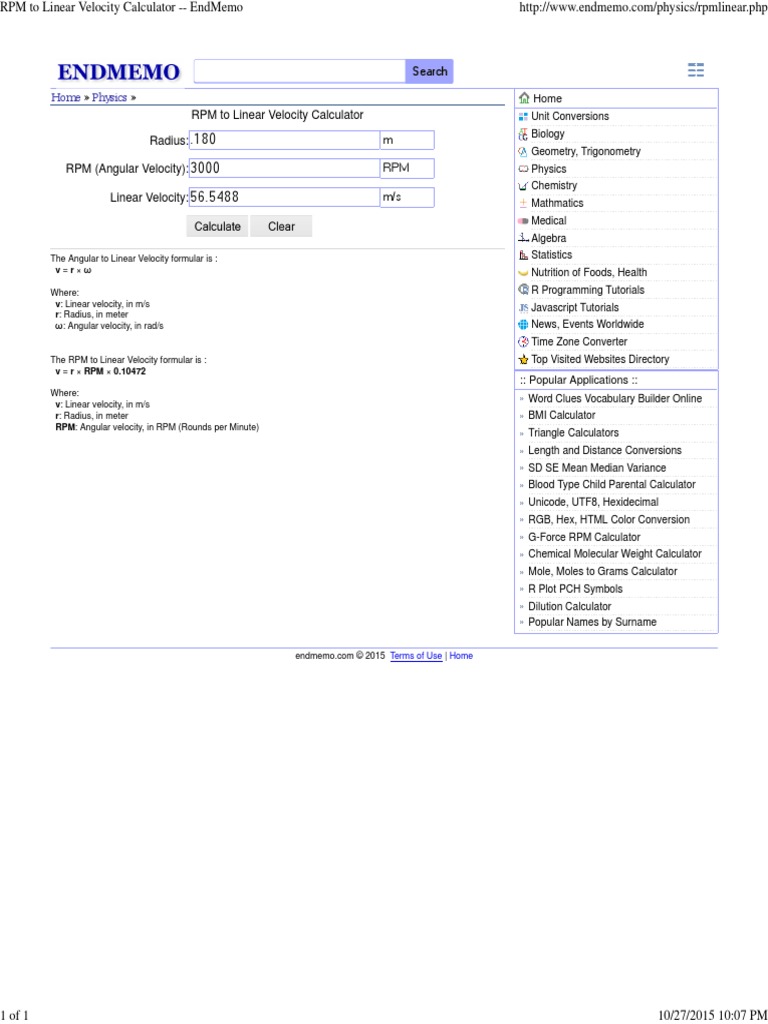 RPM to Linear Velocity Calculator EndMemo Physics & Mathematics