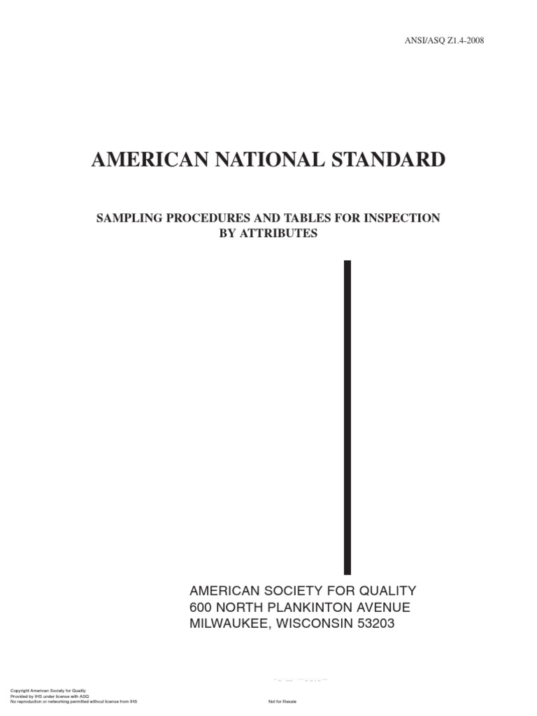 Sampling Procedures and Tables For Inspection Ansi Asq z1 4 2008 PDF ...